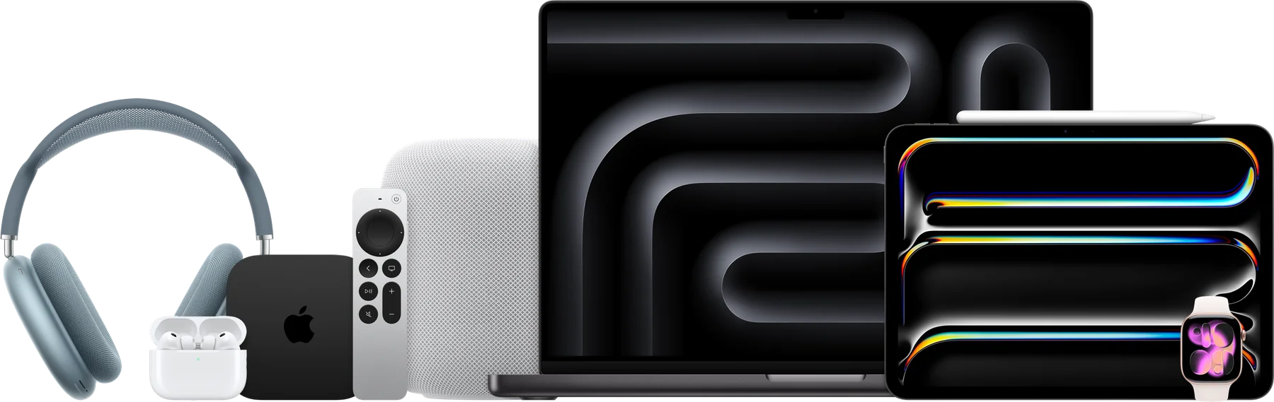 A curated Apple business lineup: MacBook Pro, iPad Pro with Apple Pencil, Apple Watch, AirPods Pro, AirPods Max, HomePod, and Apple TV.