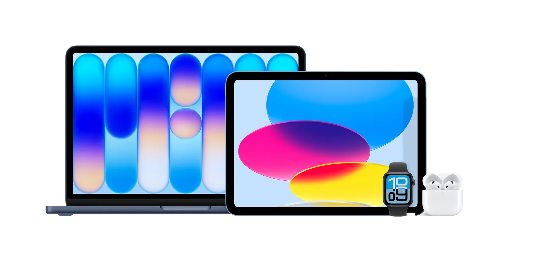 An Apple home lineup: MacBook, iPad, Apple Watch, and AirPods Pro shown together.