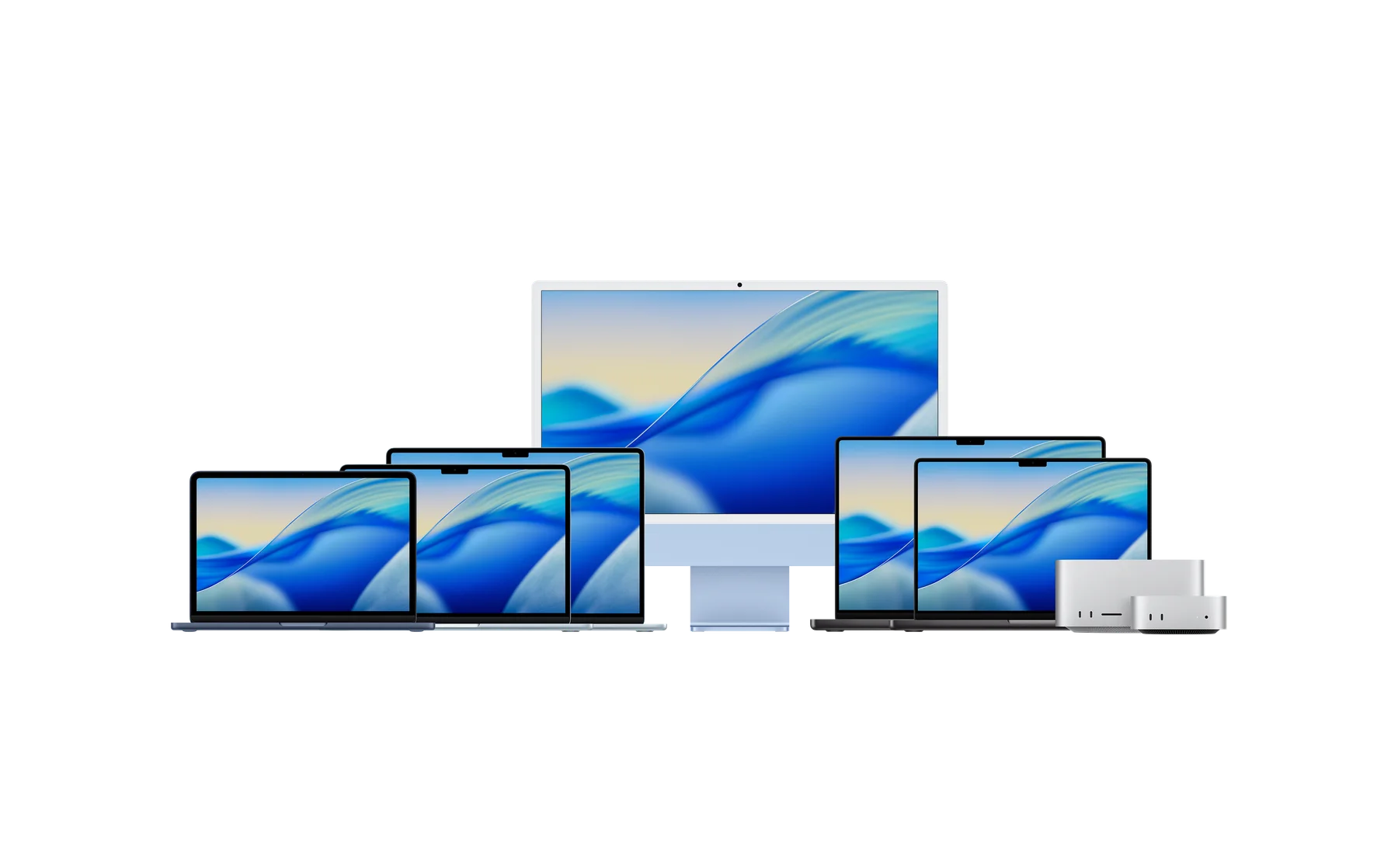Apple Mac lineup: iMac, MacBook Air, MacBook Pro, Mac mini, and Mac Studio shown together.