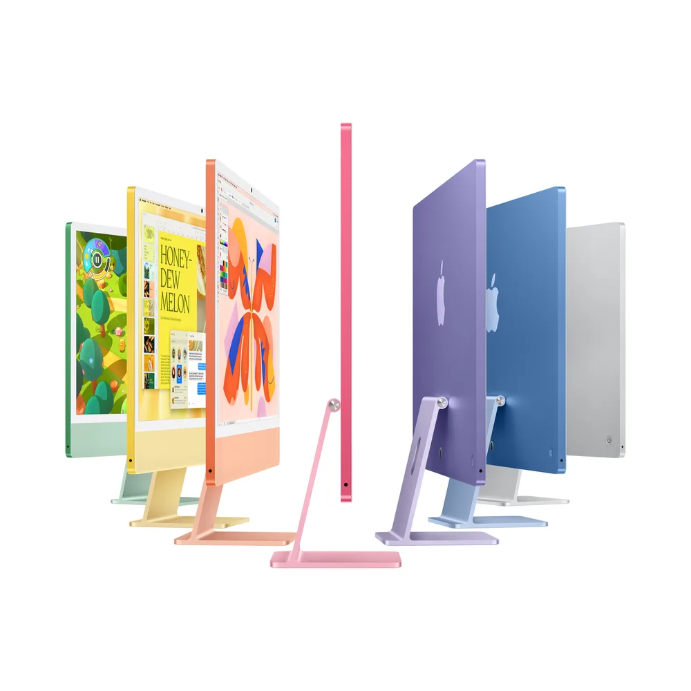 iMac in seven colors shown from front and back.