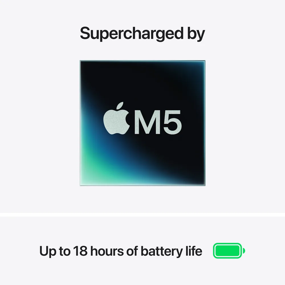 The Apple M5 chip — supercharged performance with up to 18 hours of battery life.