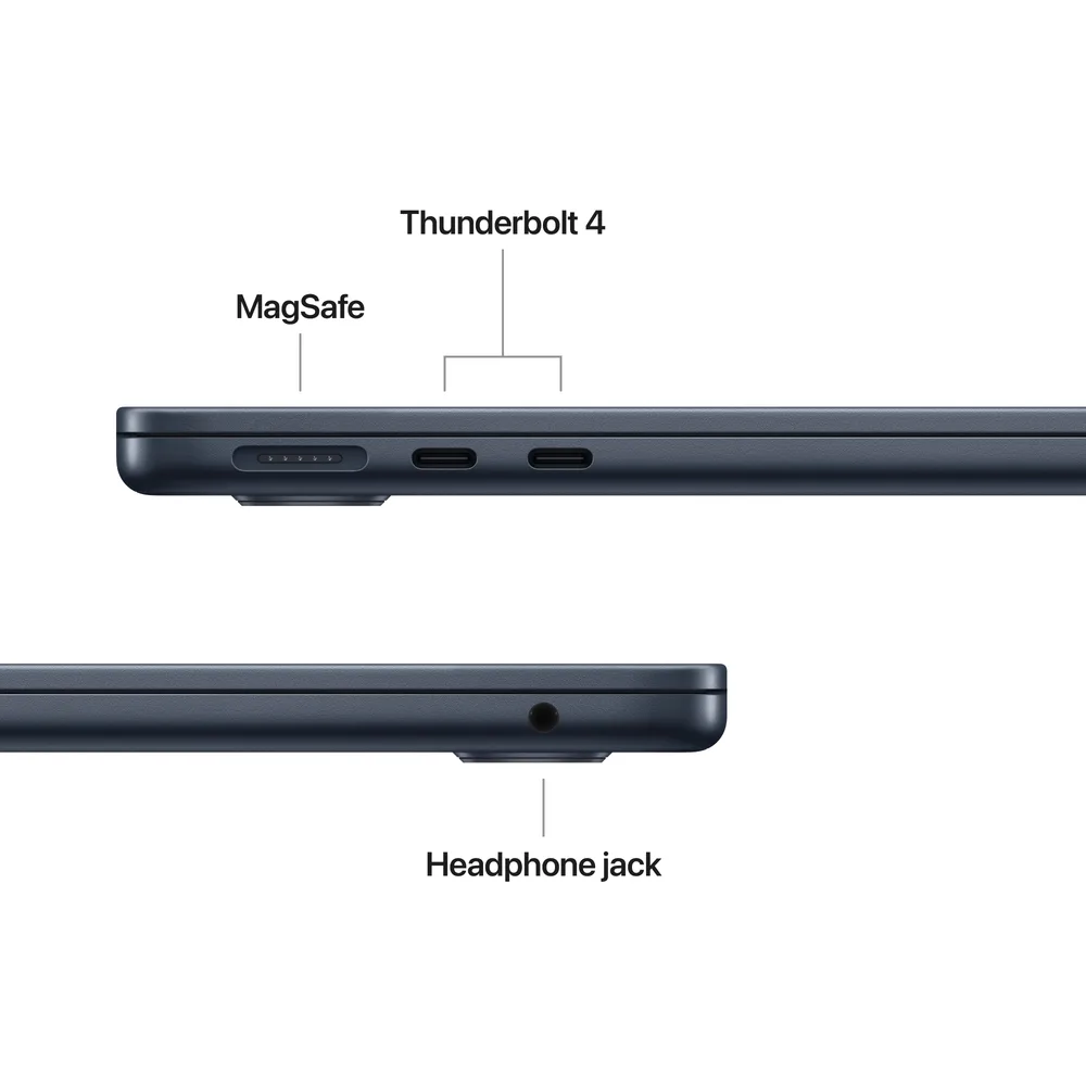MacBook Air port detail: MagSafe charging, two Thunderbolt 4 ports, and a headphone jack.