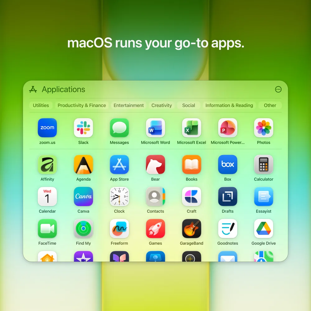 macOS running the apps people use every day — Zoom, Slack, Microsoft Office, Photos, FaceTime and more.