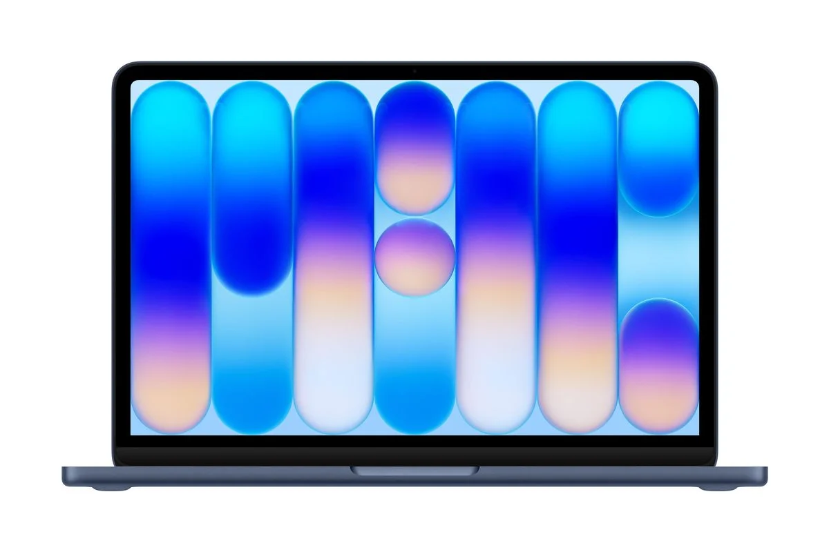 MacBook Neo in Indigo, open and facing forward.