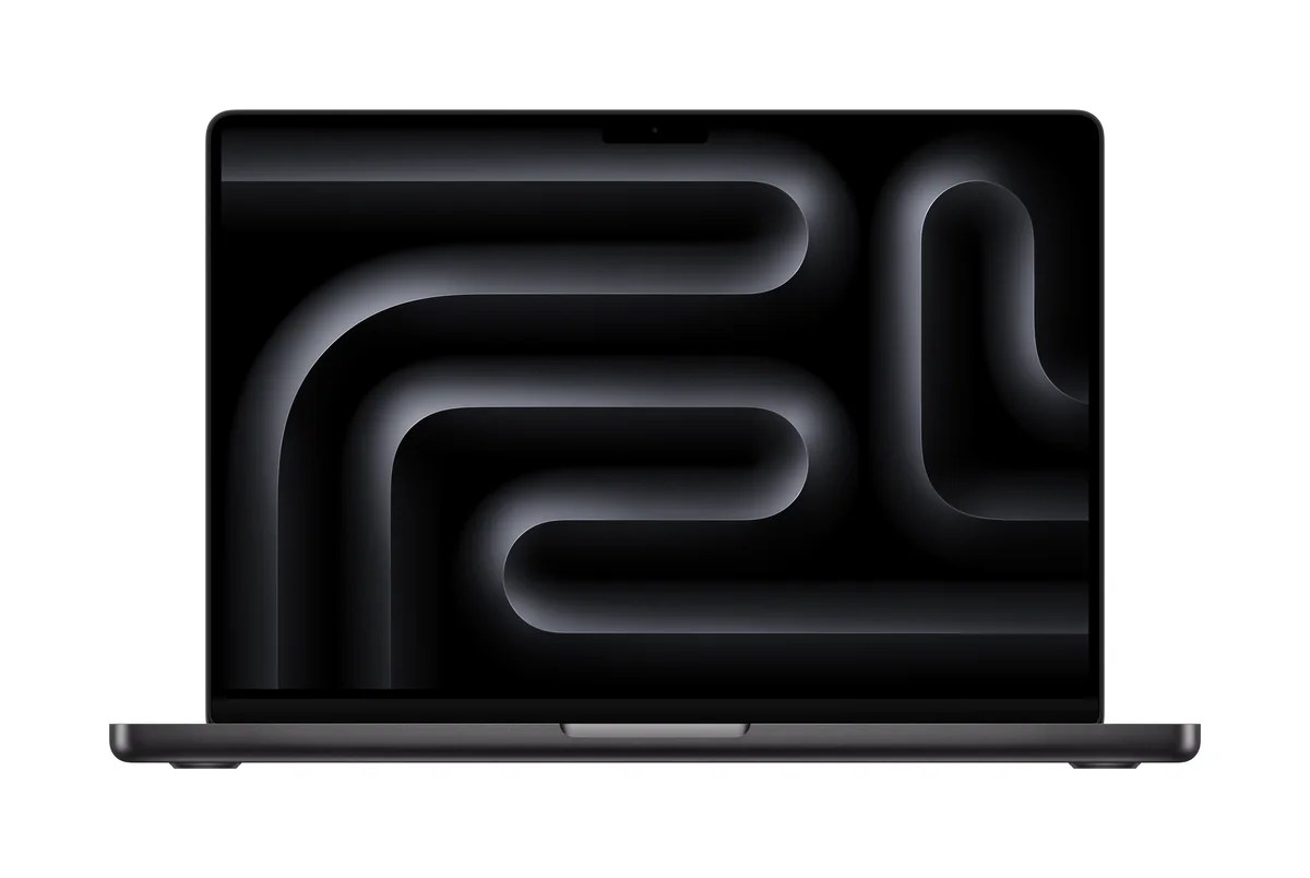 MacBook Pro 14-inch in Space Black, open and facing forward.