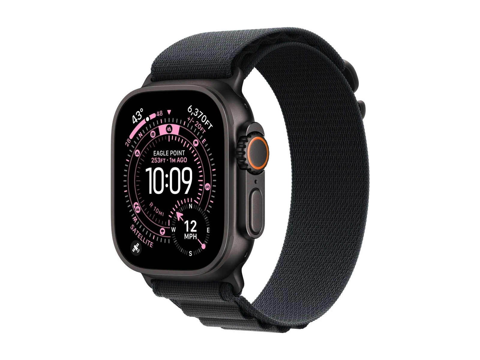 Apple Watch Ultra 3 in Black Titanium with Alpine Loop.